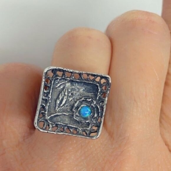 Artisan Sterling Silver Blue Opal Flower Ring – Hand Hammered, Size 7.5 - Picture 15 of 15